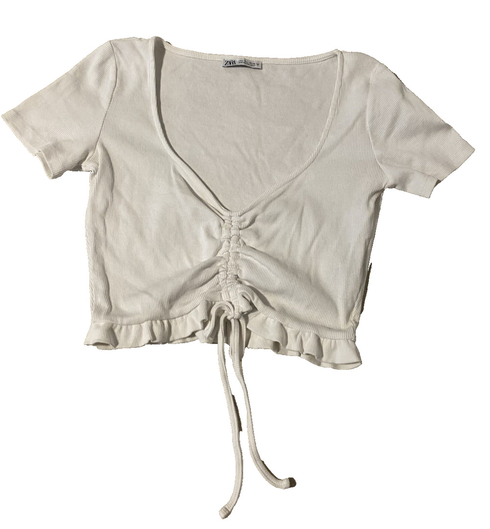 Zara Womens Ribbed Babydoll Plunge Knit Top Size M/L White Ruched Front Ruffles